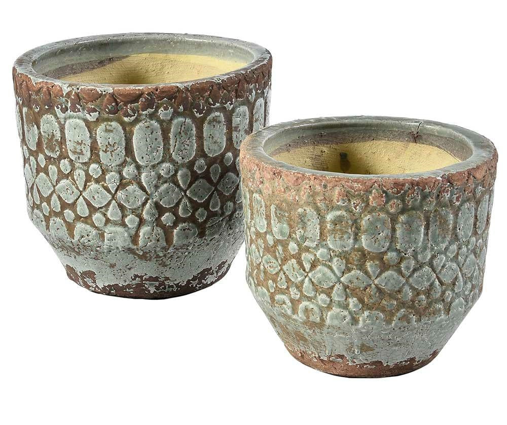 Cache pot en céramique émaillée vert patiné VERONA B 17cm